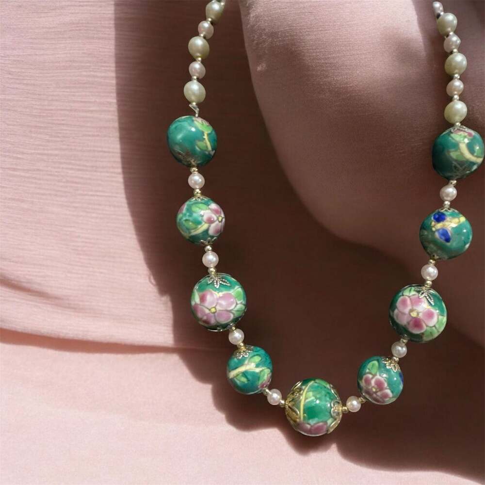 Vintage Chinese Cloisonné Enamel Floral Bead Necklace with Pearl Accents
